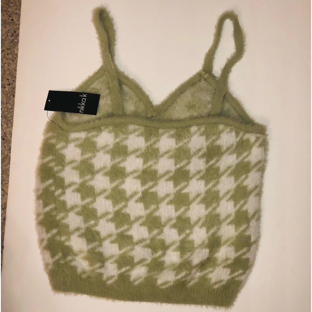 NWT Nikka K Y2K Fuzzy Houndstooth Spaghetti Cropped Tank Top Size L Sage Gr/Wht - Picture 8 of 11